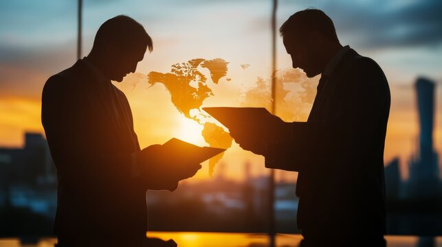 Business meeting between executives silhouetted against world map at sunset corporate office digital interaction professional environment strategic planning