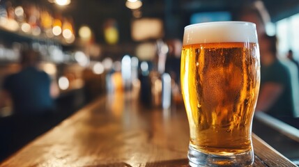Refreshing golden beer in a bustling bar celebrating social moments nighttime ambiance relaxed vibe close-up capture