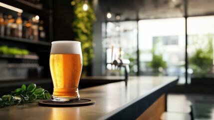 Refreshing beer glass on bar counter modern brewery product photography indoor space close-up view beverage experience