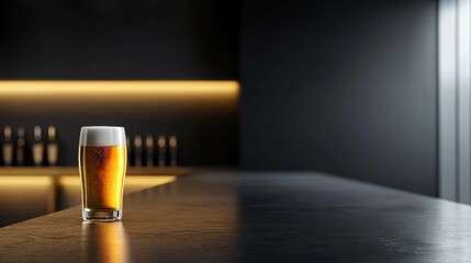 Refreshing beer glass on stylish bar counter modern lounge beverage photography warm ambient lighting close-up relaxation concept