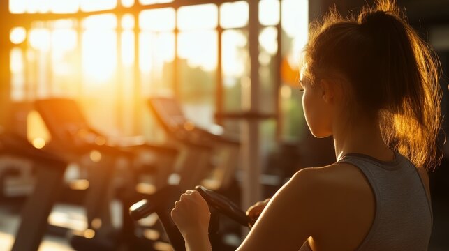 Fitness enthusiast engaging in workout routine inside modern gym during golden hour capturing determination and serenity