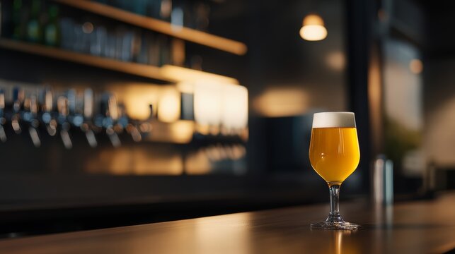 Refreshing beer glass on a bar counter modern urban pub beverage photography cozy atmosphere close-up view relaxation concept