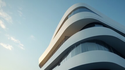 Innovative curved building design modern urban setting architectural photography bright daylight low angle perspective contemporary style for seo impact