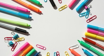 A vibrant composition showcasing colorful markers and paperclips arranged in a circular pattern, creating a cheerful and organized presentation against a bright white background, and evoking feelings