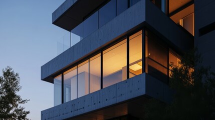 Fototapeta premium Illuminated modern building at dusk urban landscape architectural showcase evening environment aesthetic viewpoint contemporary design concept