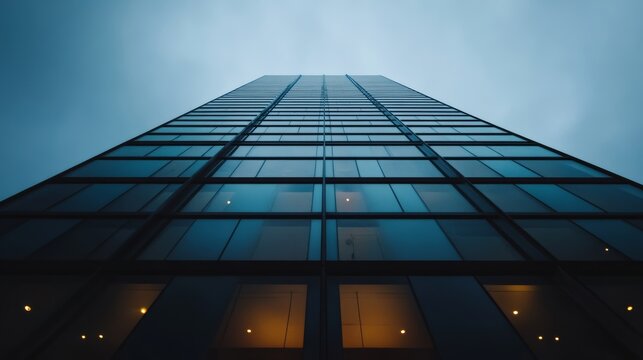 Skyward vision glass skyscraper reflection urban cityscape architectural photography cloudy atmosphere low angle modern design