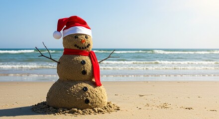 Beach Christmas Sand Snowman Festive Holiday Fun Ocean Shore Winter Vacation Concept