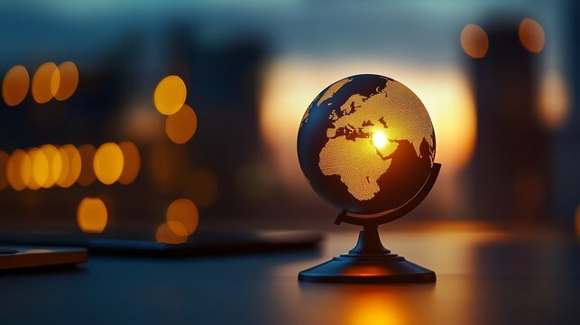 Global connectivity in focus a stunning globe on a desk capturing a breathtaking sunset in an urban environment
