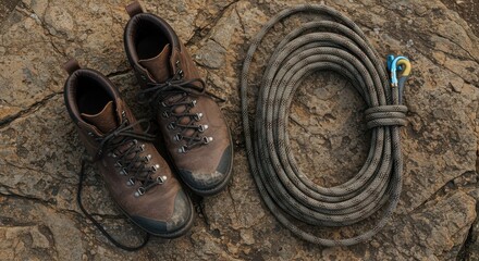 Rugged hiking boots and a coiled climbing rope rest on a textured stone surface, presenting a scene evoking adventure, preparation, and outdoor recreation with earthy tones and a natural aesthetic.