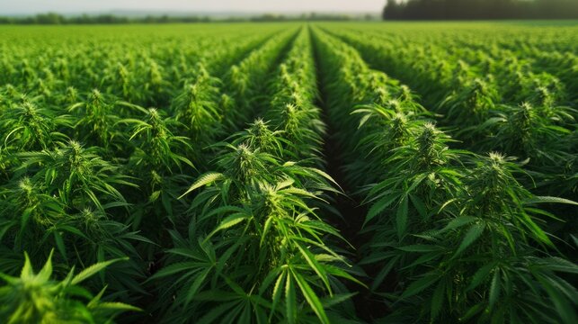 Harvesting cannabis plants agricultural field aerial view lush green environment sustainable farming practices in focus