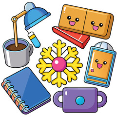 Festive office items vector bundle cartoon style scalable eps illustration isolated on white background