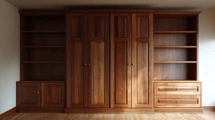 Built-in wooden closet and shelving unit with doors, drawers, and open shelves in soft light