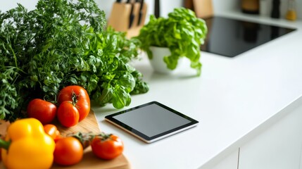 Preparing fresh ingredients for healthy cooking in a modern kitchen with tech devices and natural light