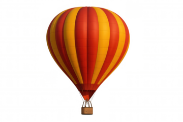 Red and yellow striped hot air balloon flying, representing travel, discovery, adventure, and exploration on transparent background