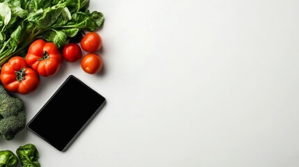 Fresh vegetables and tablet on white surface kitchen setting food photography minimal environment top-down view healthy eating concept