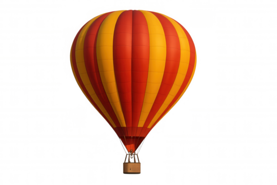Red and yellow striped hot air balloon flying, representing travel, discovery, adventure, and exploration on transparent background