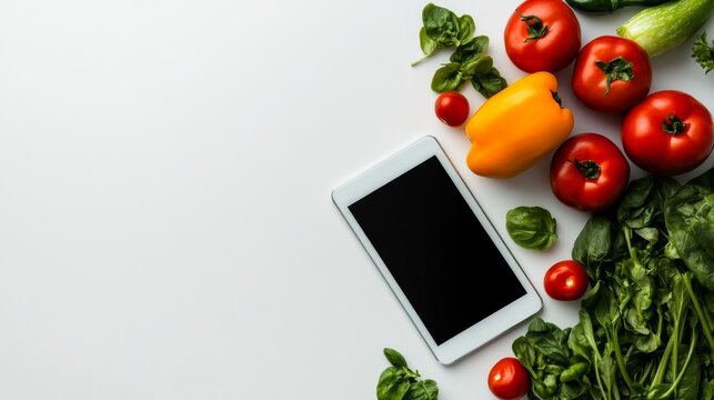 Healthy cooking action with fresh vegetables and smartphone in kitchen environment top-down view of ingredients for recipe inspiration