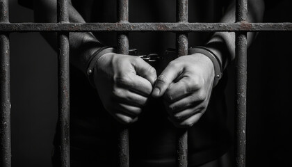 A powerful black and white close-up of handcuffed hands clasped together behind prison bars, symbolizing prayer, regret, or despair in confinement.