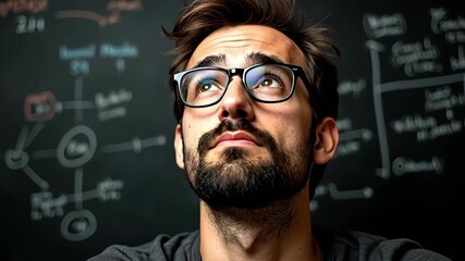Thoughtful man with glasses gazes upward against background of diagrams and notes