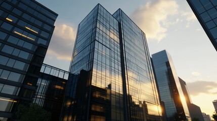 Fototapeta premium Urban sunset reflections downtown cityscape architectural photography modern environment wide angle view urban beauty