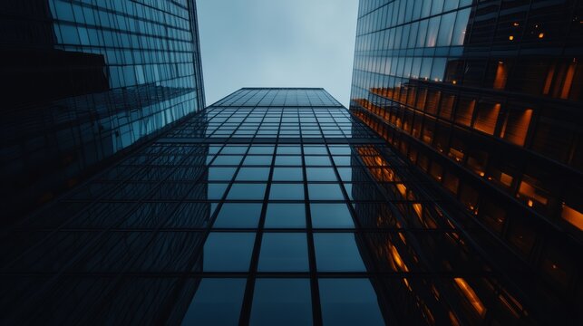 Urban architecture skyscraper reflection cityscape modern buildings evening ambience low angle view architectural beauty for seo - Powered by Adobe