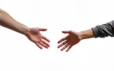 Obraz premium Two male hands reaching towards each other on isolated white background. High quality