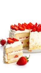 Fluffy cake layered with whipped cream and fresh strawberries