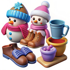 Cute 3d clay style winter illustration bundle festive holiday elements isolated on white background