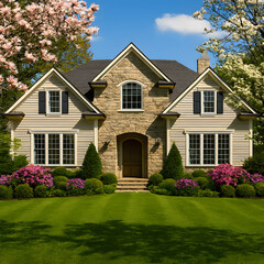 Beautiful Suburban Home with Lush Garden and Blooming Trees