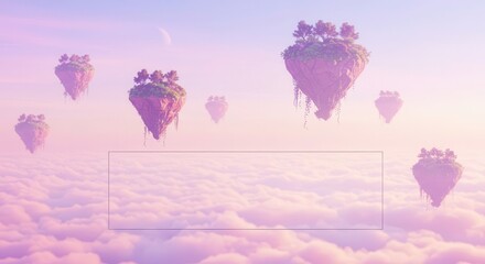 Obraz premium Evocative scene depicts floating islands with verdant trees and lush vegetation, drifting above a sea of billowing clouds in a dreamy, pastel-colored sky, creating an ethereal and imaginative...