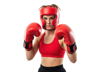 Female boxer wearing red headgear and gloves isolated on transparent background