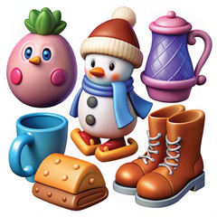 Cute 3d clay style winter characters and icons vector illustration bundle isolated on white background