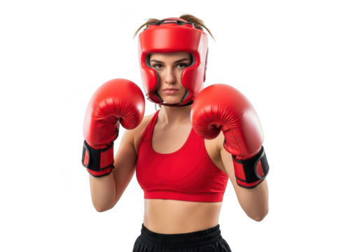 Female boxer wearing red headgear and gloves isolated on transparent background - Powered by Adobe