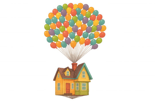 Colorful balloons lifting a house into the sky, symbolizing adventure, dreams, and imagination, transparent background