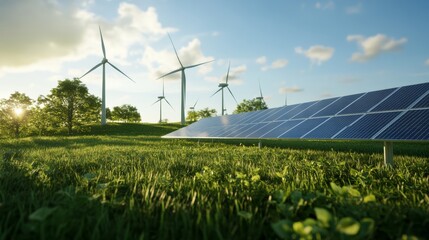 Harnessing renewable energy wind and solar farms in a green landscape nature photography serene environment aerial view sustainability concept