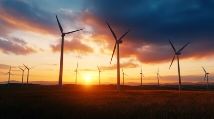 Sunset wind energy turbines rural landscape nature photography scenic environment optimistic viewpoint renewable energy concept