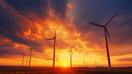 Wind turbines in a stunning sunset landscape renewable energy focus nature photography scenic environment wide-angle view