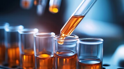 Scientific experiment in laboratory orange liquid in test tubes modern environment close-up view exploring chemistry