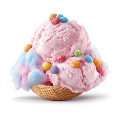 A waffle cone filled with pink ice cream topped with candy and cotton candy on a white background
