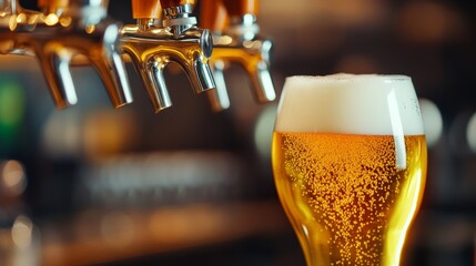 Refreshing beer pouring from tap bar setting beverage photography warm ambiance close-up shot indulging in craft brews