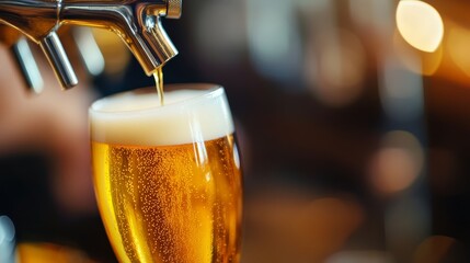Pouring a perfect draft beer in a lively bar close-up shot indoor setting focus on refreshing beverage social atmosphere