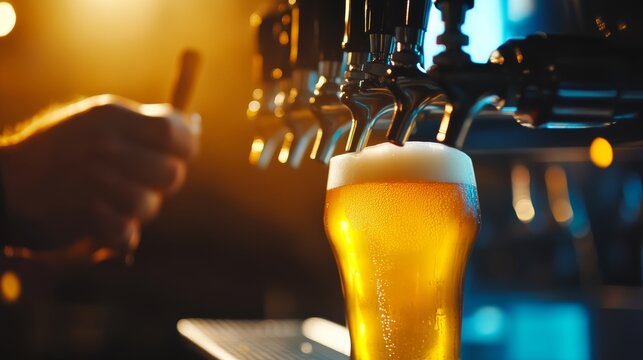 Pouring craft beer bar setting beverage photography warm lighting close-up view capturing refreshing moments - Powered by Adobe