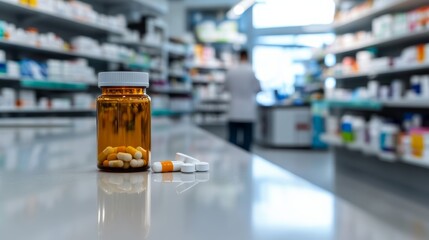 Pharmacy medication dispensing process local pharmacy product display retail environment close-up view health concept for seo impact