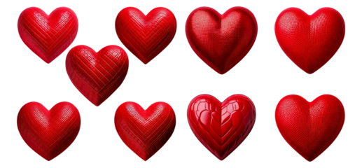 Collection of Red Hearts in Various Designs and Textures, Isolated on Transparent, white background