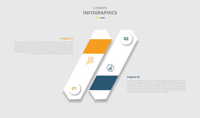 2 points comparison versus for infographic with long arrow rectangle skew tilt with drop shadow with two point list information