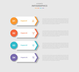 4 points template infographic with box arrow with circle badge with stacked list vertical with drop shadow style with three stage list information