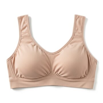 A light beige soft garment with wide straps and a scoop neckline featuring textured cups and a ribbed underband displayed flat against a clean white background