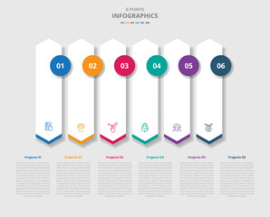6 points template infographic with vertical hexagon arrow box vertical on horizontal list with drop shadow style with three stage list information