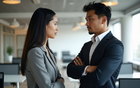 Tense Asian businesswoman looking at male partner with crossed arms. Two colleagues confronting each other in office space. Clashing personalities concept. High quality