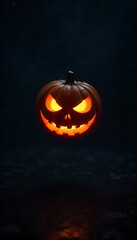 Obraz premium Spooky carved jack-o-lantern glows with fierce orange light against a dark, atmospheric background, perfect for Halloween celebrations.